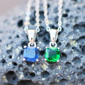 Cushion Cut Sapphire or Emerald Pendant: Sterling Silver Birthstone Necklace